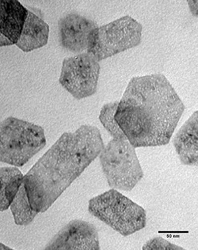 TEM image of various nanolime crystals showing the typical hexagonal shape of calcium hydroxide